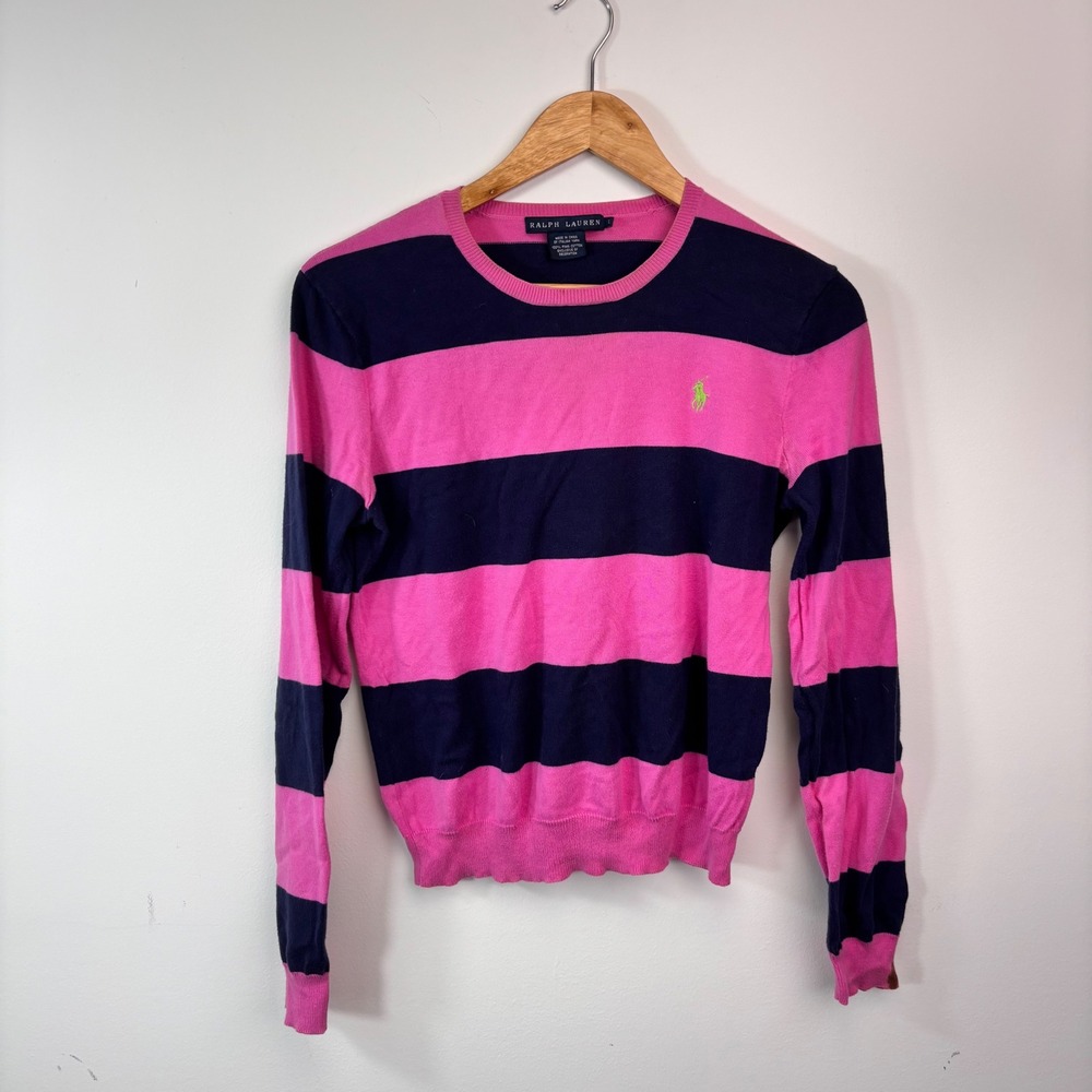 Ralph Lauren Pink Navy Striped Pima Cotton Pony Sweater L Preppy Y2K